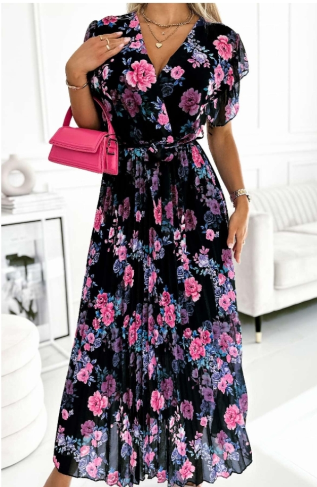 Azura Floral Chiffon PleatedMaxi Dress-Black